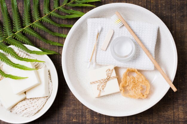 Zero waste arrangement on wooden background