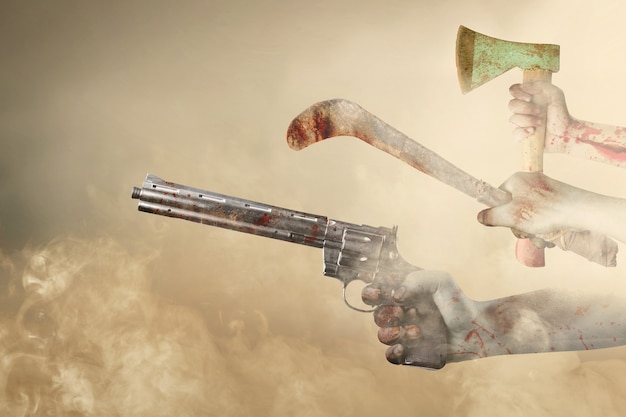 Free photo zombie hands with wound holding ax, sickle, and gun with foggy background