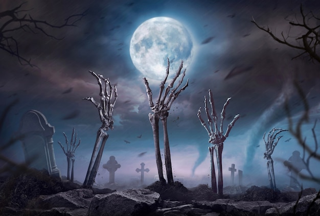 Рука скелета зомби поднимается в темную ночь хэллоуина.