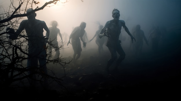 Zombie che camminano nella nebbia