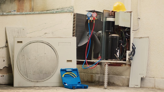 Zoom in close up shot of broken external air conditioner unit with protection cover removed in need of repair, with damaged electric internal components and faulty wiring