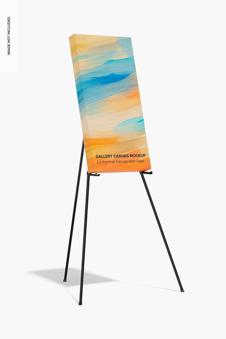 Free PSD 1:2 portrait canvas with easel mockup, left view