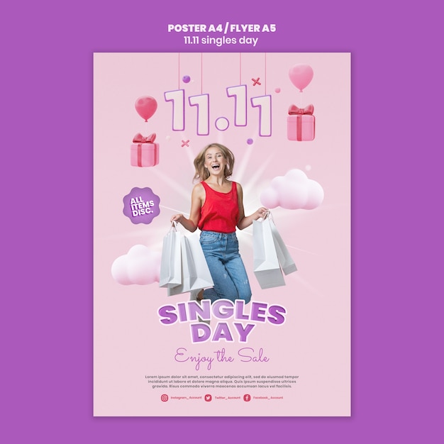 PSD gratuito 11.11 modello di poster verticale per single day