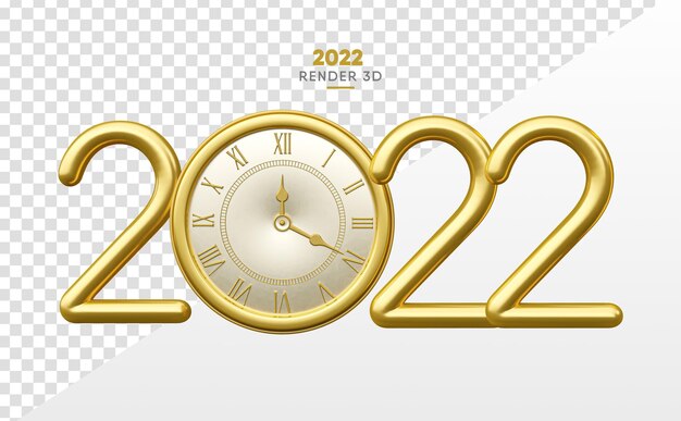 2022 in 3d golden render with realistic clock on transparent background