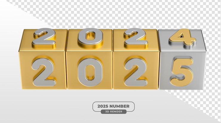 무료 PSD 투명한 배경으로 카운트다운 및 새해 테마를위한 3d 렌더링의 2025 금과 은 큐브