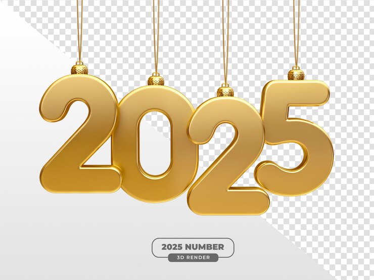 무료 PSD 2025: 투명한 배경으로 3d 렌더링으로 걸려있는 황금 숫자