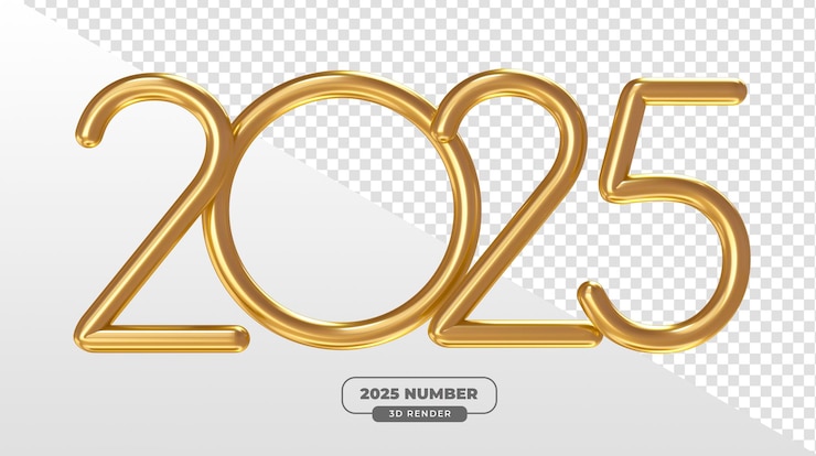 Free PSD 2025 minimalist gold numbers in 3d render for elegant new year designs with transparent background
