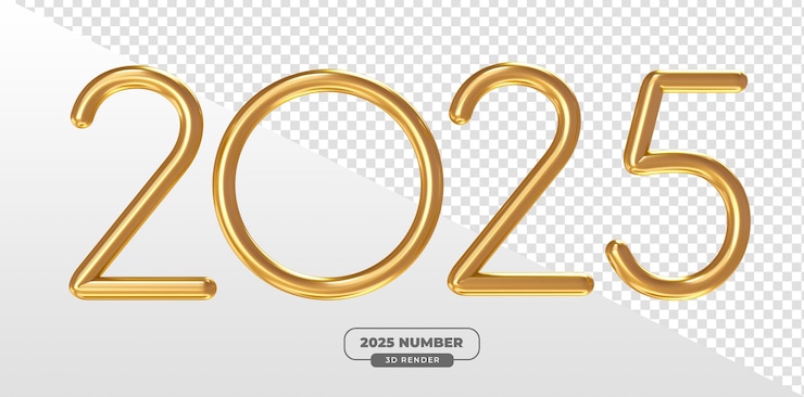 무료 PSD 투명한 배경으로 우아한 새해 디자인을 위해 3d 렌더링으로 2025 미니멀리즘 골드 숫자