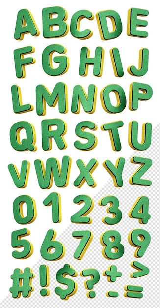 Free PSD 3d alphabet font bw seido green with yellow glitter