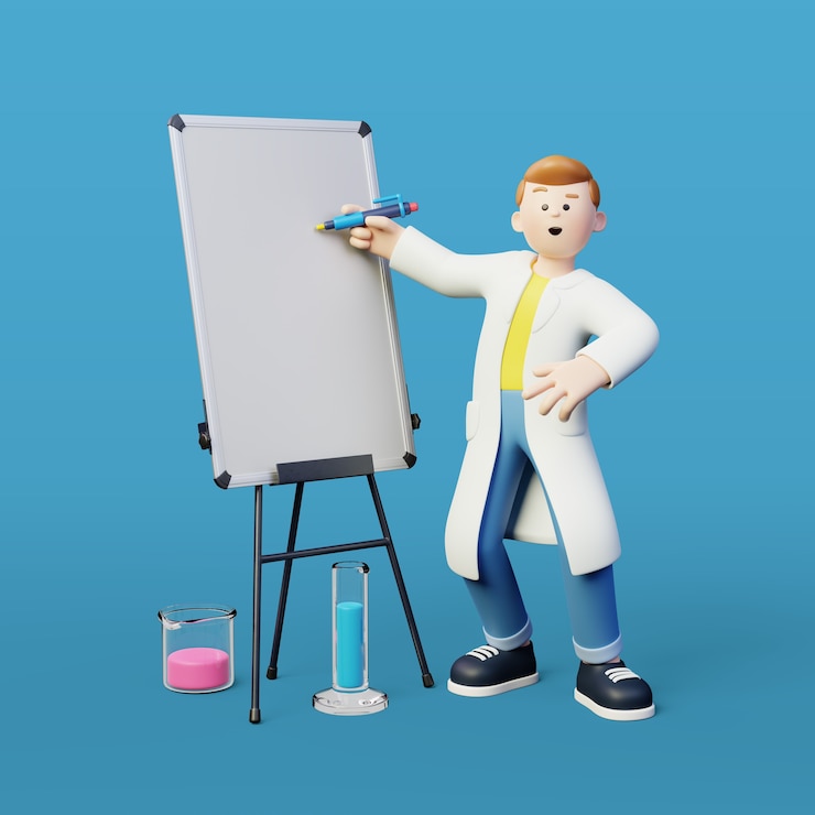 मुफ़्त PSD 3d background of male scientist poses in lab coat