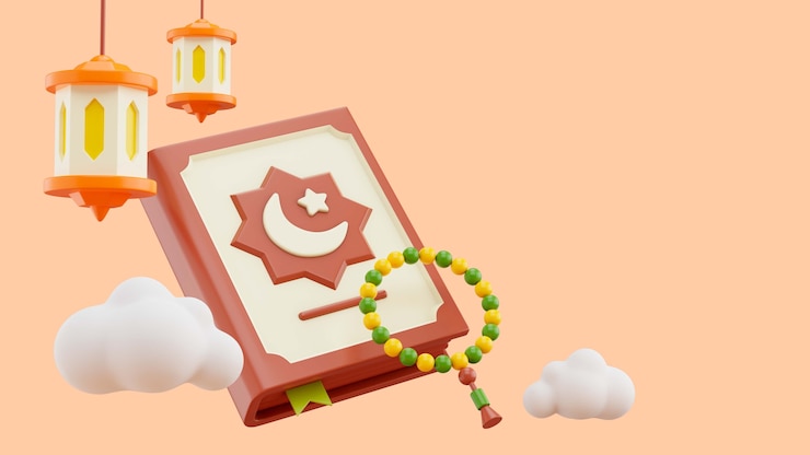 मुफ़्त PSD 3d background of ramadan with book, rosary and lanterns