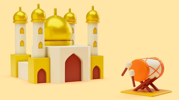 PSD gratuito sfondo 3d del ramadan con palazzo e tamburo