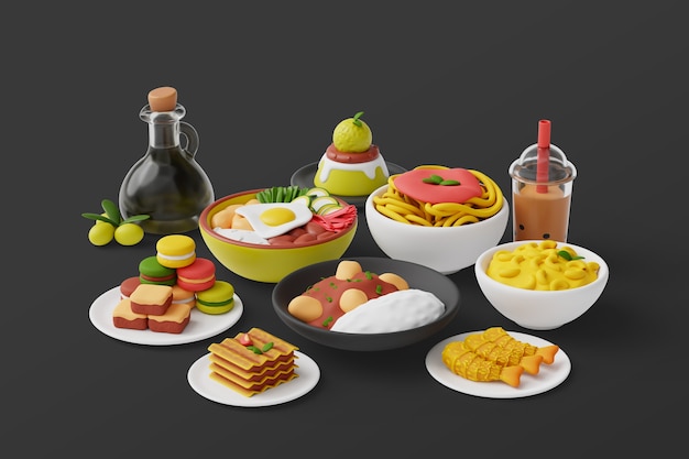 3d background with assortment of gastronomy dishes