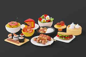 無料PSD 美食料理の品揃えと 3 d 背景