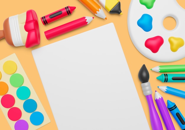 Free PSD 3d background with blank banner and art supplies