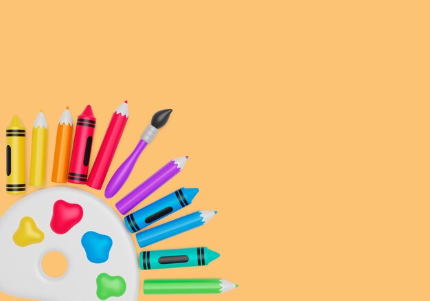 3d background with blank banner and art supplies