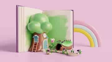 PSD gratuito priorità bassa 3d con il libro per bambini di lettura di favola