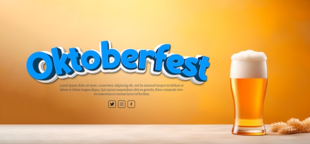 Free PSD 3d beer glass banner for oktoberfest on a yellow gradient background