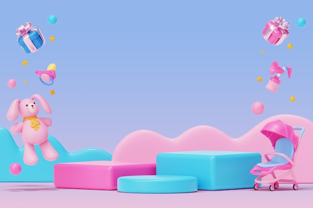 Free PSD 3d blue and pink gender reveal podium with toys