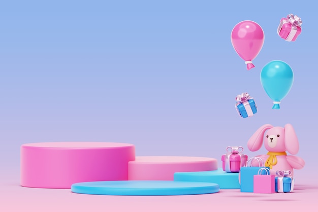 Free PSD 3d blue and pink gender reveal podium with toys