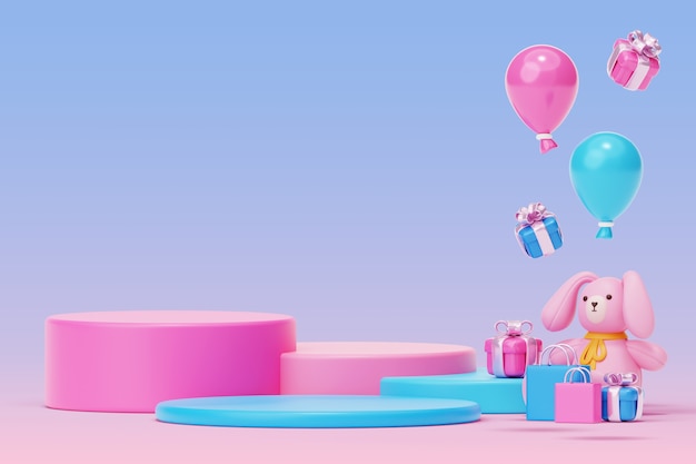 3d blue and pink gender reveal podium with toys