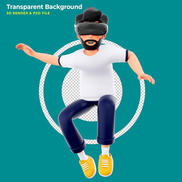 3d cartoon character man wearing virtual reality glasses and jump floating in the air