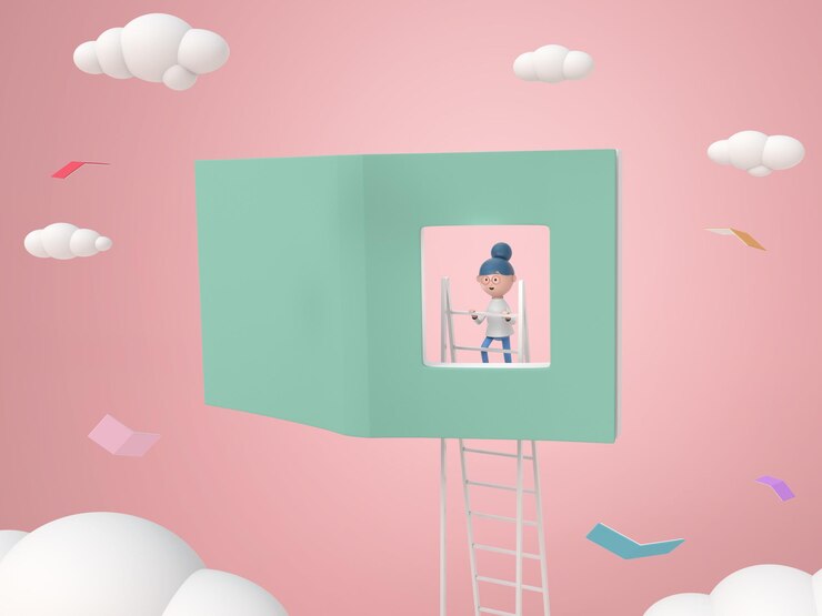 Free PSD 3d cartoon character woman climbing stairs and looking at window