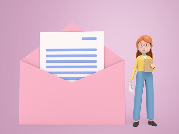 3d cartoon woman delivering documents by letter