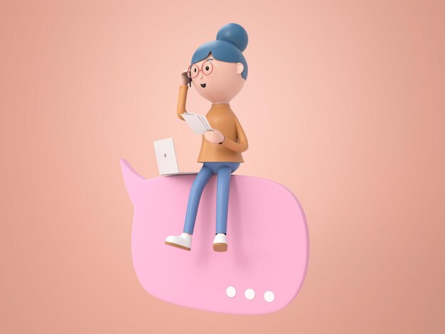 3D cartoon woman sitting and thinking to solve tasks