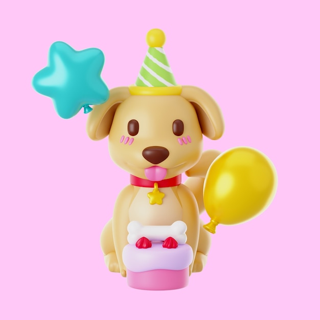 PSD gratuito icona di celebrazione 3d con cucciolo e palloncini