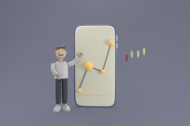 3D character financial investor man with trending financial and stock charts in a mobile application