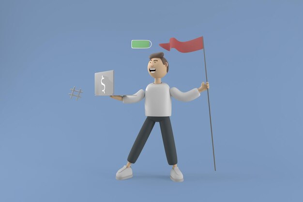 3D character Successful businessman start up holding flag and laptop with full energy