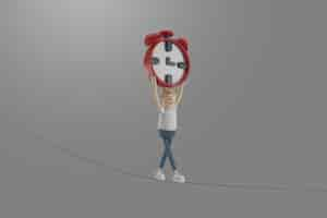 Free PSD 3d character young man carrying alarm clock walk on rope with be careful