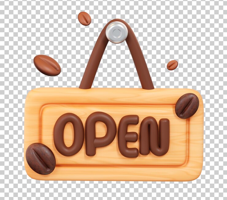 Free PSD 3d coffee shop open sign with floating coffee beans transparent background