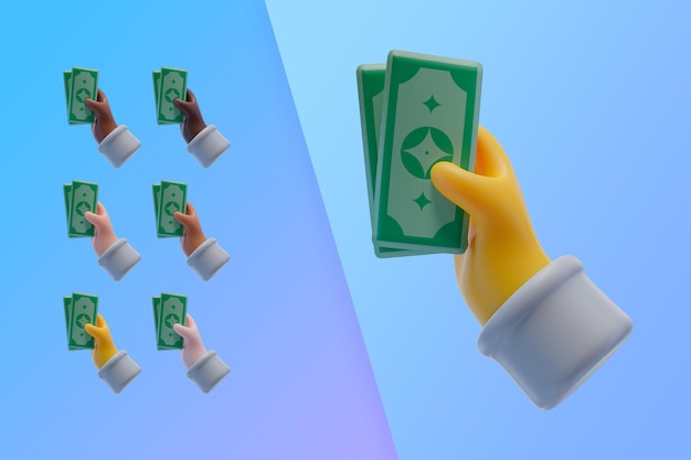 3d collection with hands holding banknotes