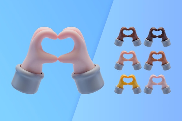Бесплатный PSD 3d коллекция с руками, делающими символ сердца