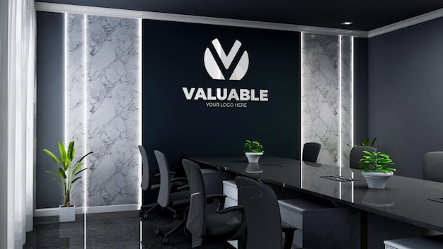 3d company logo mockup in modern black office meeting room