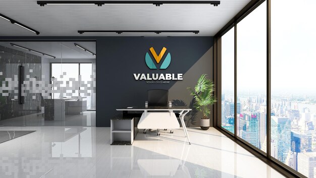 3d company logo mockup in the modern office business manager room