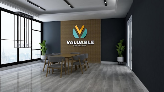 3d company logo mockup in the office meeting space with wooden design interior
