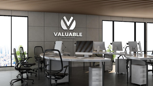 3d company logo mockup in the office workspace with industrial design interior