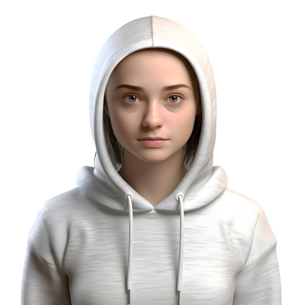 PSD gratuito render digitale 3d di un'adolescente con cappuccio bianco isolato su sfondo bianco