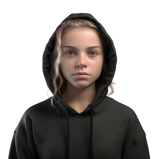 Render digitale 3d di una adolescente con cappuccio isolato su sfondo bianco