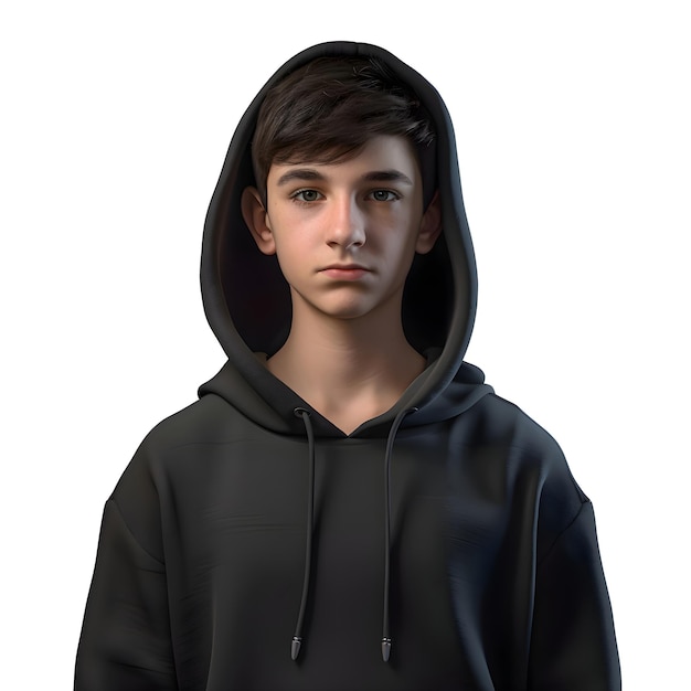 PSD gratuito rendering digitale 3d di un adolescente con un cappuccio nero isolato su sfondo bianco