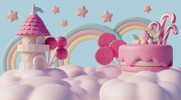 Free PSD 3d dreamscape with clouds and fairytale elements