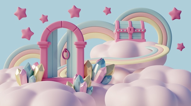 3d dreamscape with clouds and fairytale elements