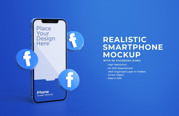 3d facebook icons with mobile screen mockup