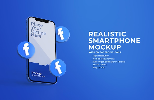 3d facebook icons with mobile screen mockup