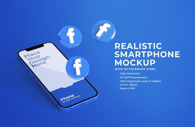 3d facebook icons with mobile screen mockup