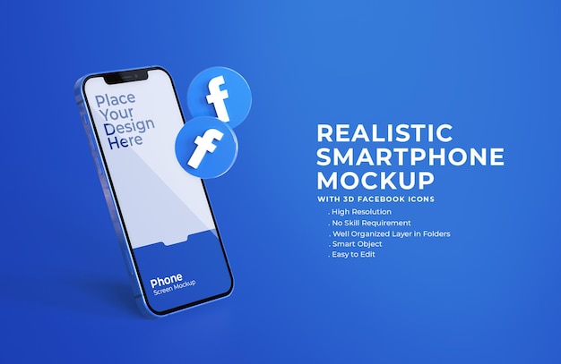 3d facebook icons with mobile screen mockup