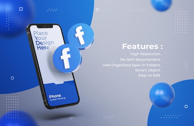 3d facebook icons with mobile screen mockup